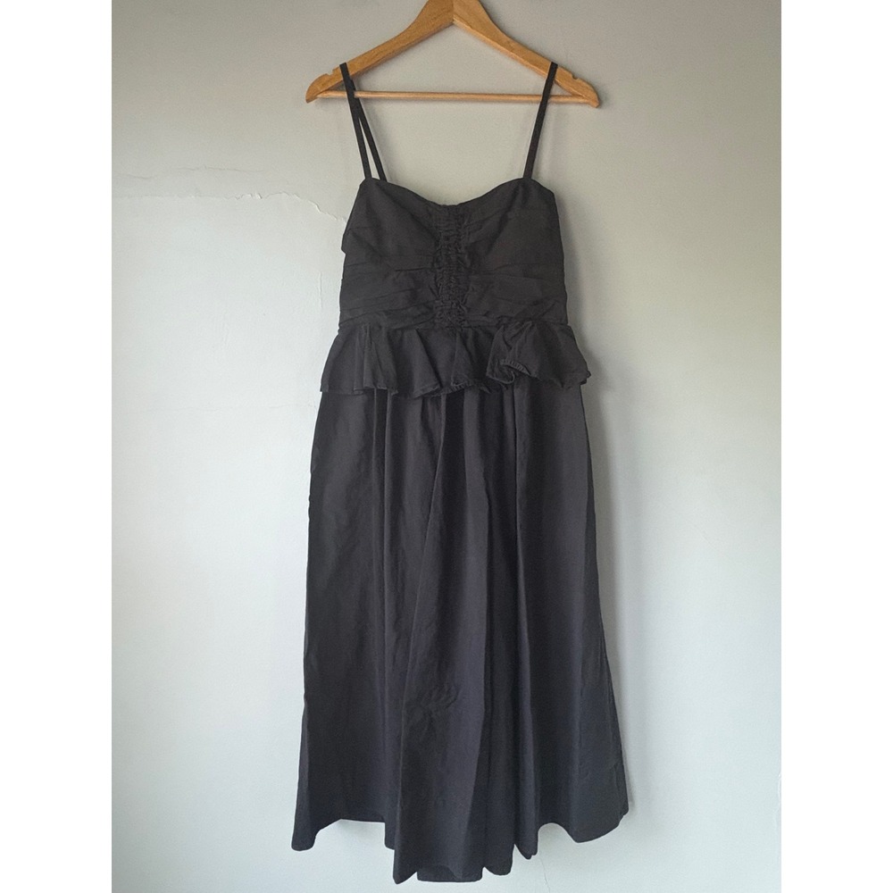 Ulla Johnson Anastasia Black Cotton Linen Ruched Peplum Midi Dress Size 6 - Picture 2 of 7